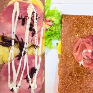 Pommes de terre, Morbier, Fromage à raclette, jambon au torchon, jambon cru, oignons confits, crème fraîche Potatoes,